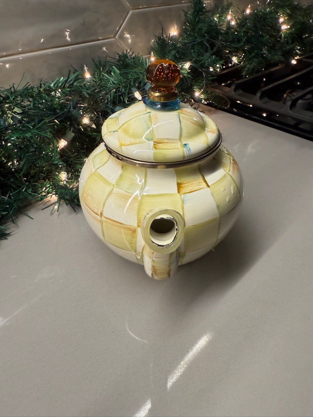 Mackenzie Childs 4 cup tea pot - green check NWT - Picture 4 of 5